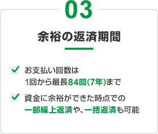 03 余裕の返済期間 お支払い回数は1回から最長84回(7年)まで 資金に余裕ができた時点での一部繰上返済や、一括返済も可能