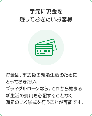 手元に現金を残しておきたいお客様 貯金は、挙式後の新婚生活のためにとっておきたい ブライダルローンなら、これから始まる新生活の費用も心配することなく満足のいく挙式を行うことが可能です